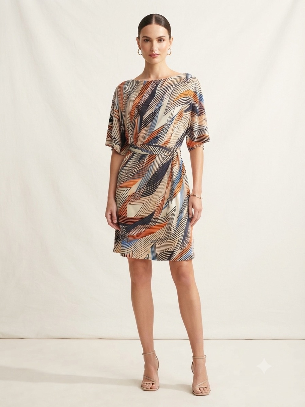 BCBGMaxAzria Multi-Color Geometric Short Sleeve Belted Dress Size XS
